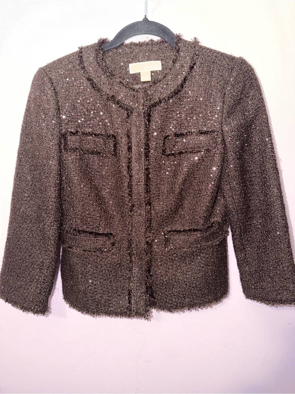 NWOT Michael Kors Brown Tweed Fringe-Trim Jacket